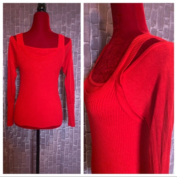 Cherry Red Ribbed Cold Shoulder Sweater - Picture 5 of 8